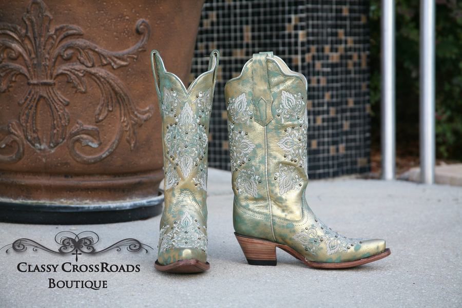 Corral Green Metallic Gold Embroidered and Studded Boots