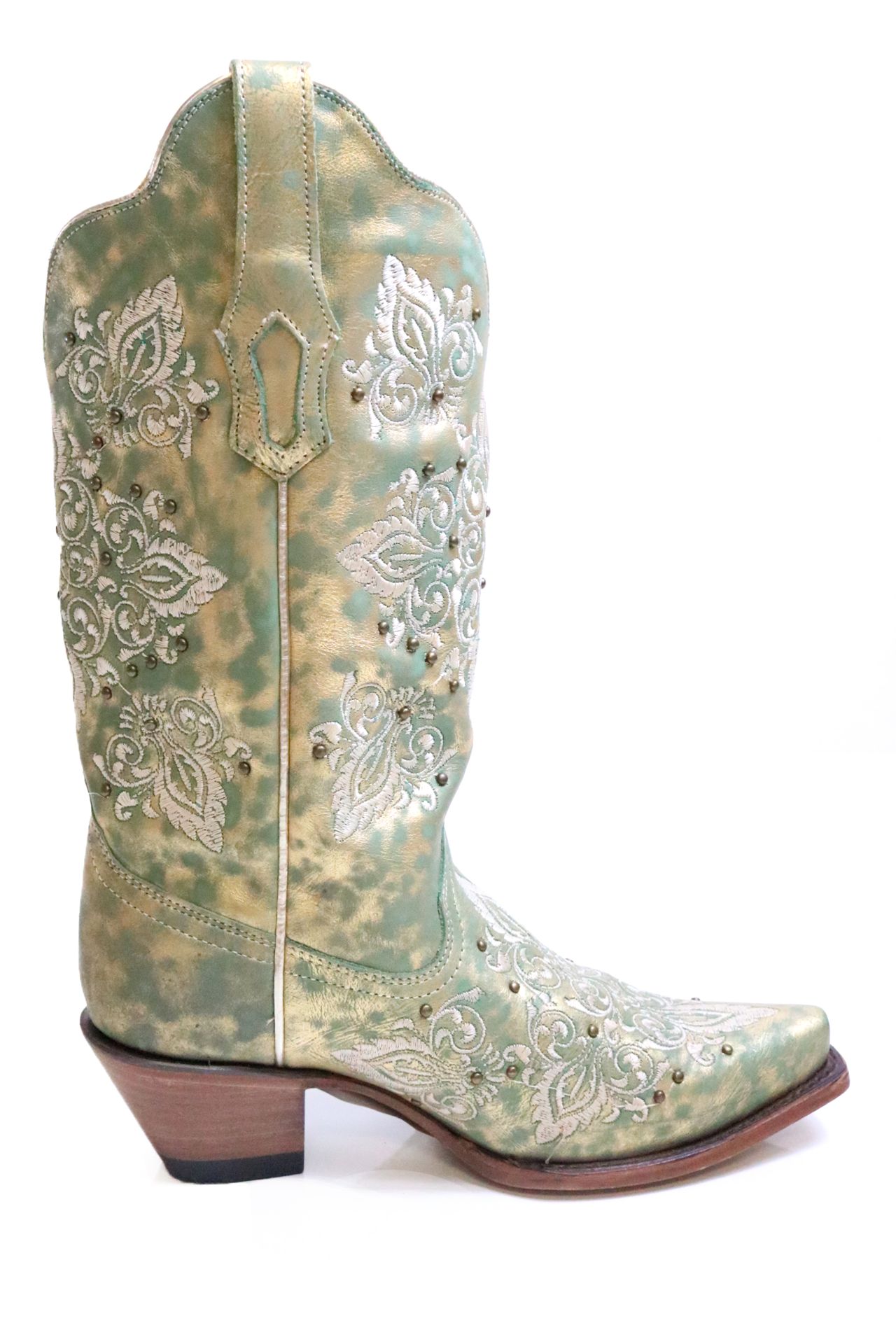 Corral Green Metallic Gold Embroidered and Studded Boots