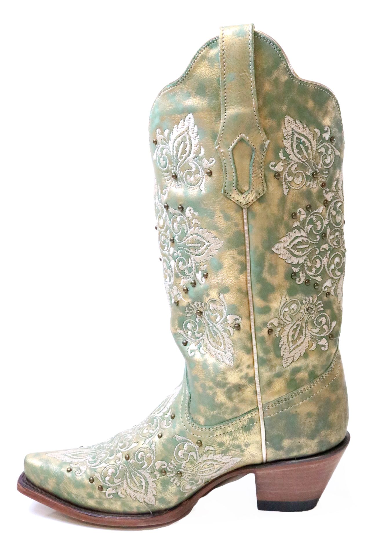 Corral Green Metallic Gold Embroidered and Studded Boots