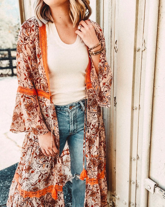 Miss Me Woven Floral Print Kimono