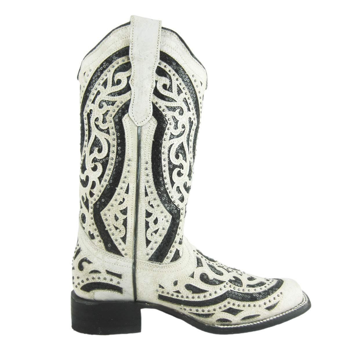 Corral Black and White Embroidered Glitter Inlay and Studs Square Toe Boots