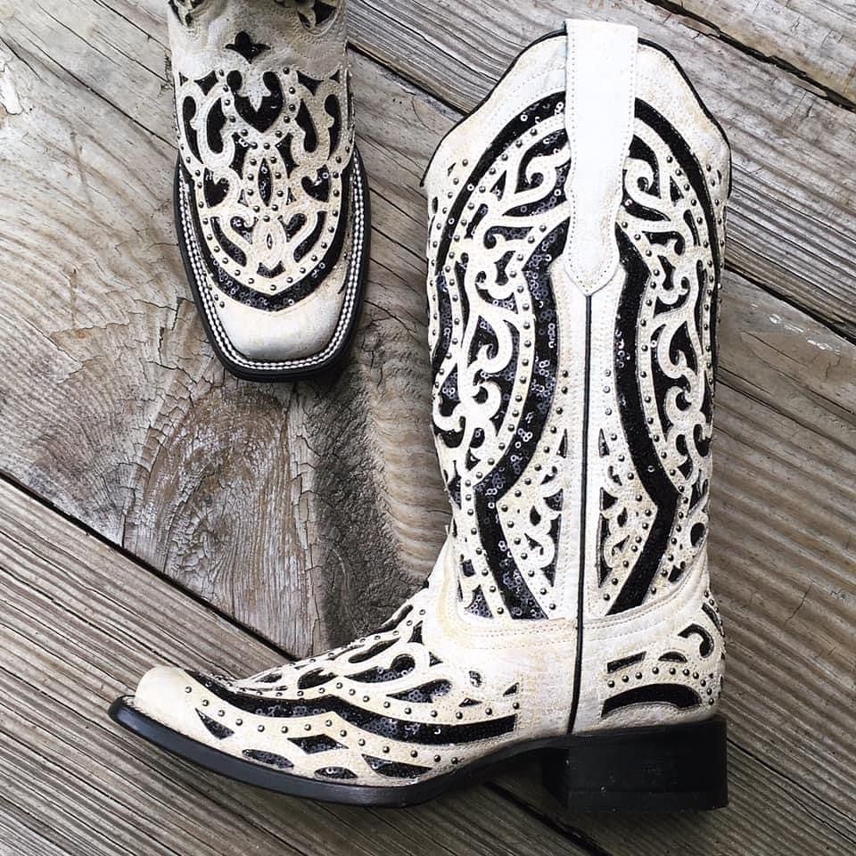 Corral Black and White Embroidered Glitter Inlay and Studs Square Toe Boots