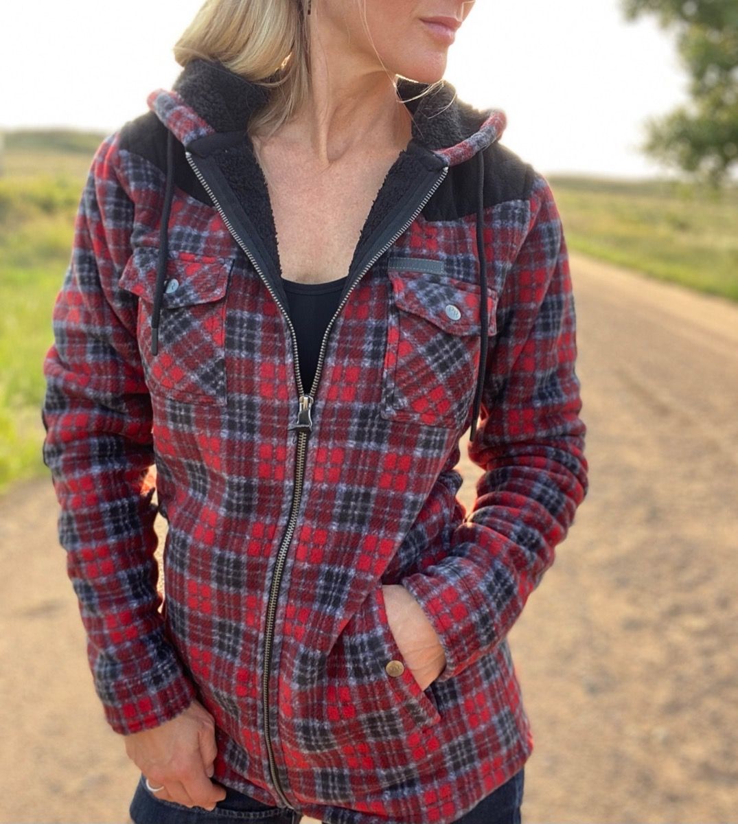 Ladies Red Plaid Print Fleece Jacket