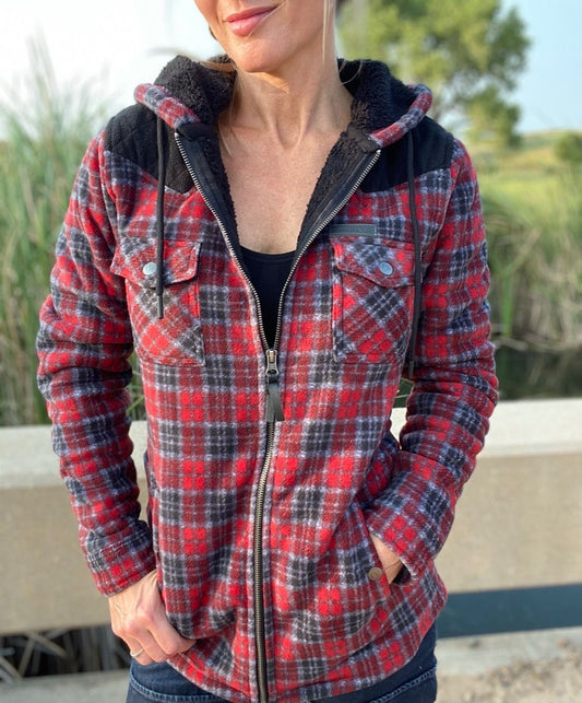 Ladies Red Plaid Print Fleece Jacket