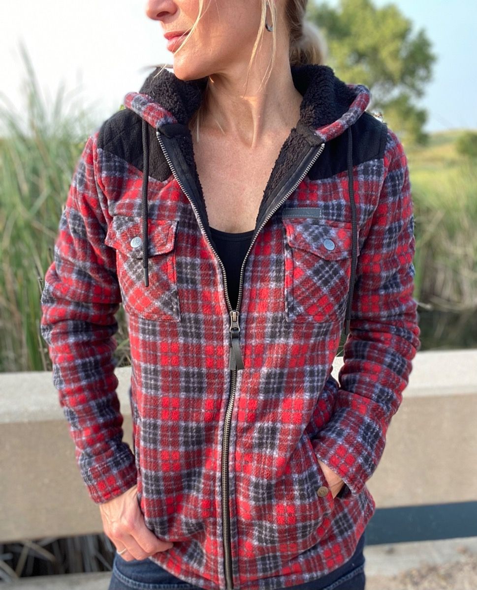 Ladies Red Plaid Print Fleece Jacket