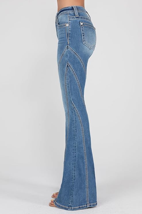 Miss Me Contour Stitch Slim Flare Jeans, Midnight Blue, Women's Bell Bottom