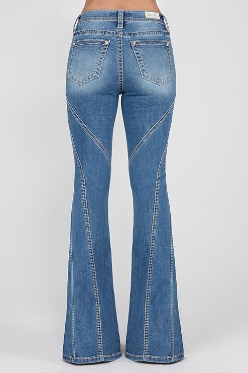 Miss Me Contour Stitch Slim Flare Jeans, Midnight Blue, Women's Bell Bottom