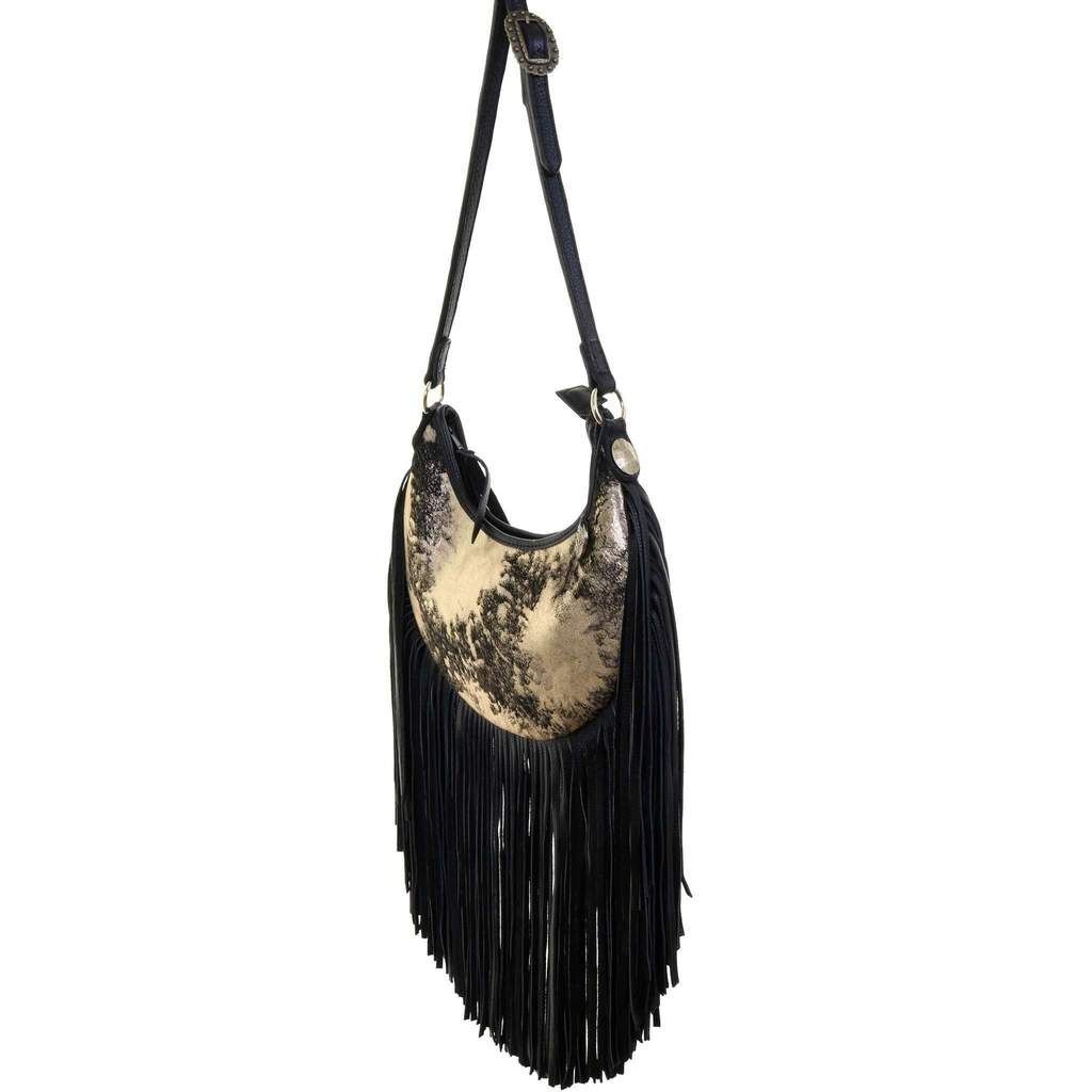 Double J Saddlery Acid Wash Black and Gold Hobo Fringe Bag