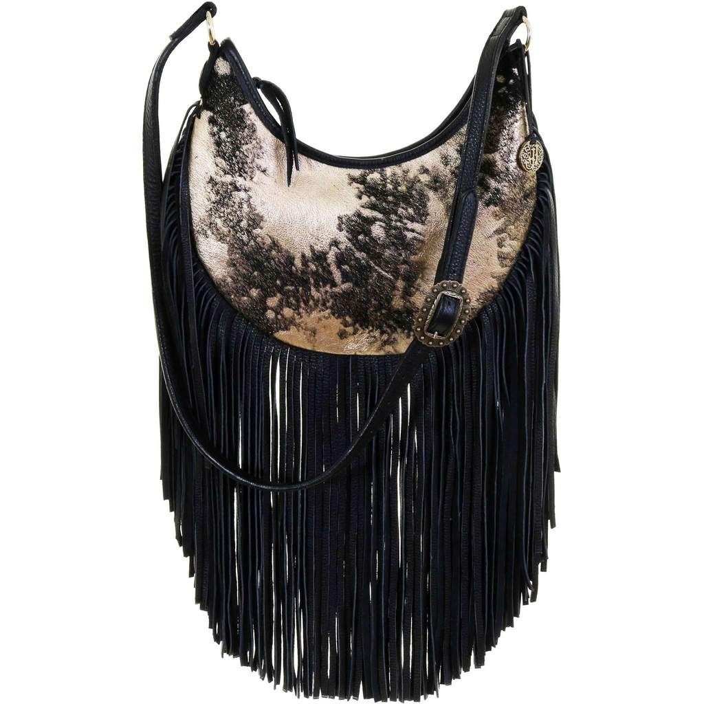 Double J Saddlery Acid Wash Black and Gold Hobo Fringe Bag