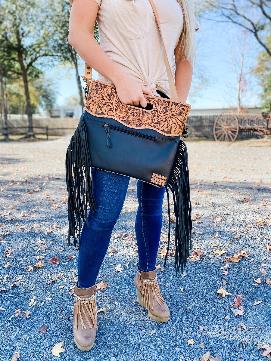 American Darling Leather and Hair Fringe Crossbody ADBGS146BKW