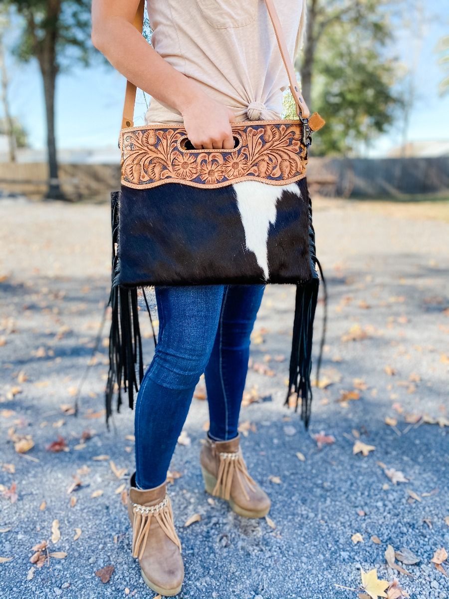 American Darling Leather and Hair Fringe Crossbody ADBGS146BKW