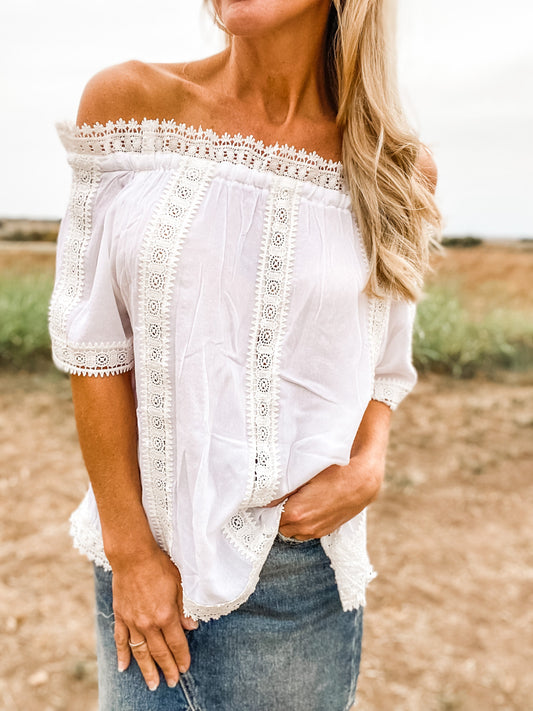 Miss Me Off The Shoulder Lace Inset Woven Top