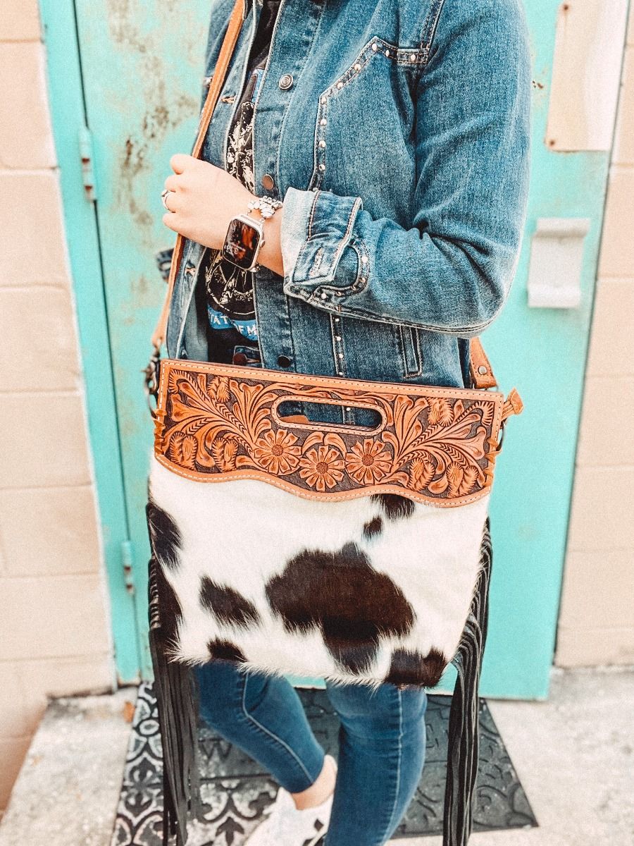 American Darling Leather and Hair Fringe Crossbody ADBGS146BKW