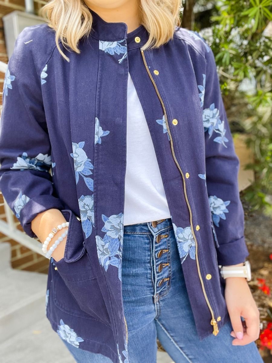 Draper James Floral Field Jacket in Nassau Navy Magnolia Vines