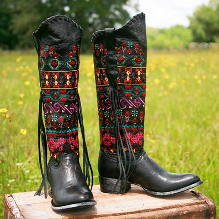 Johnny Ringo Sagrada Collection Black Multicolor Embroidered Boot with Fringe