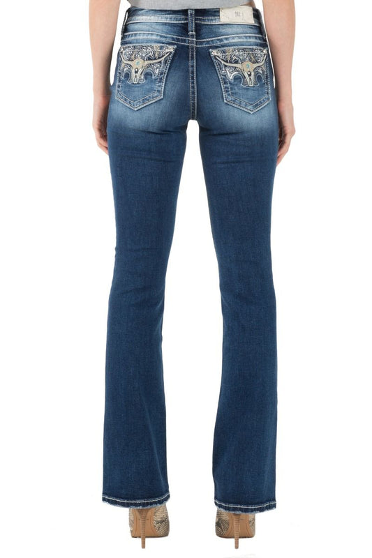 Miss Me Mid-Rise Floral Embellished Steer Bull Boot Cut Jeans