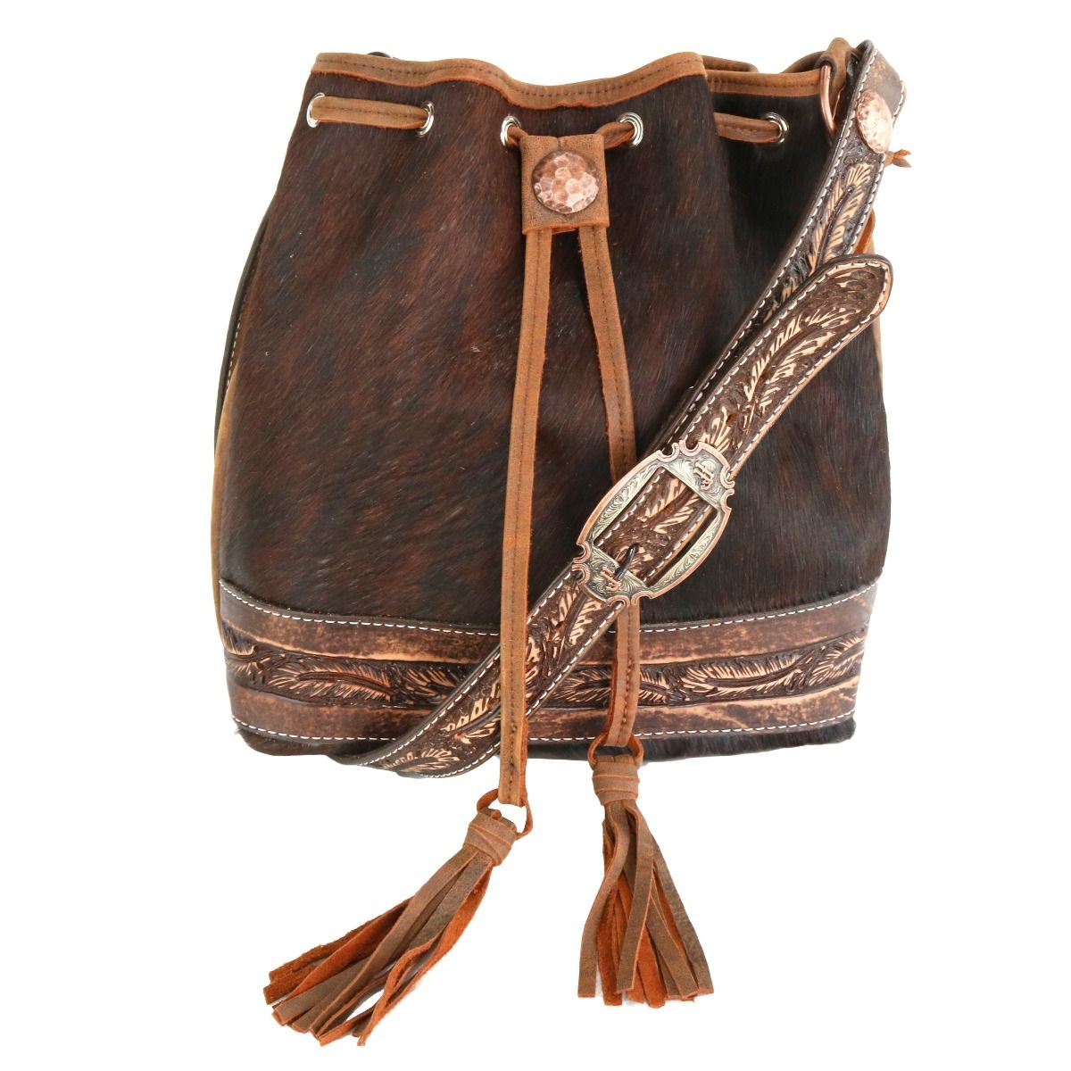 Brindle Cowhide Drawstring Messenger Tote By Double J Saddlery
