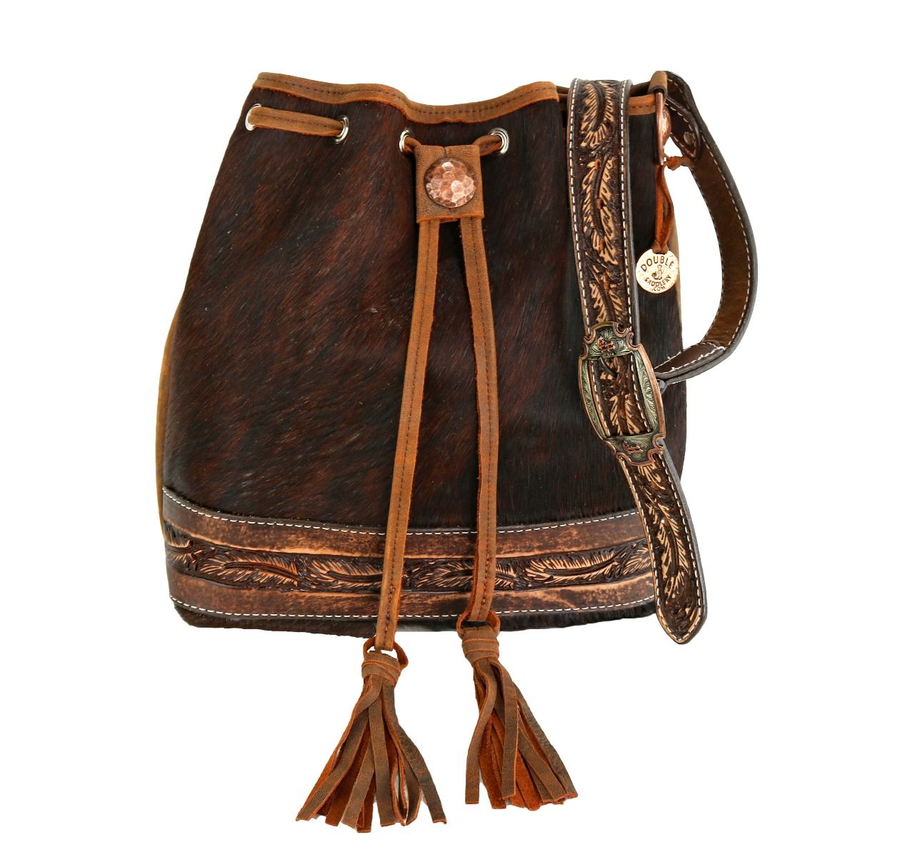 Brindle Cowhide Drawstring Messenger Tote By Double J Saddlery