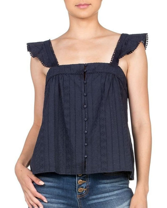 Miss Me Navy Ruffle Eyelet Button Front Top