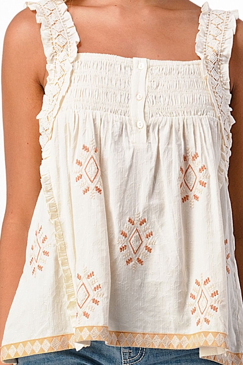 Miss Me Embroidery Woven Top In Cream MT1853T