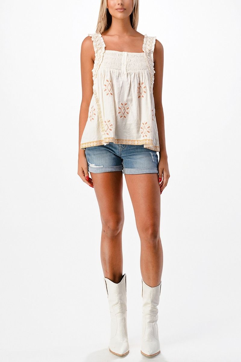 Miss Me Embroidery Woven Top In Cream MT1853T