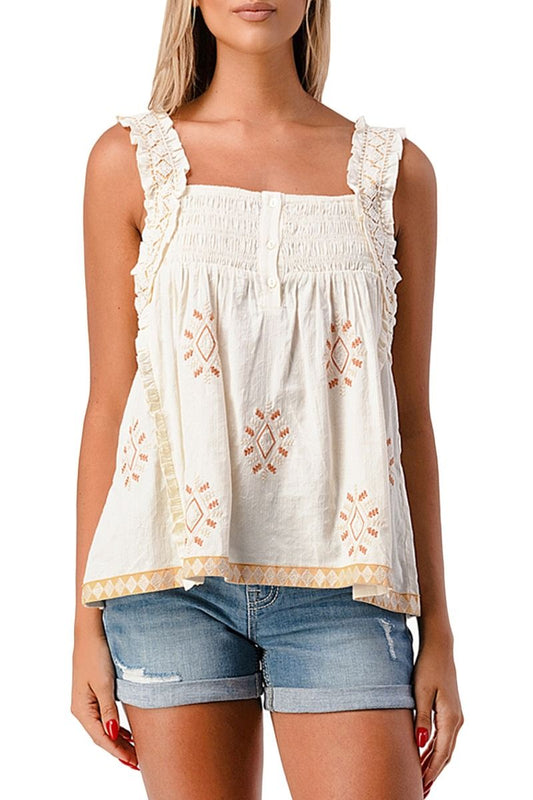 Miss Me Embroidery Woven Top In Cream MT1853T