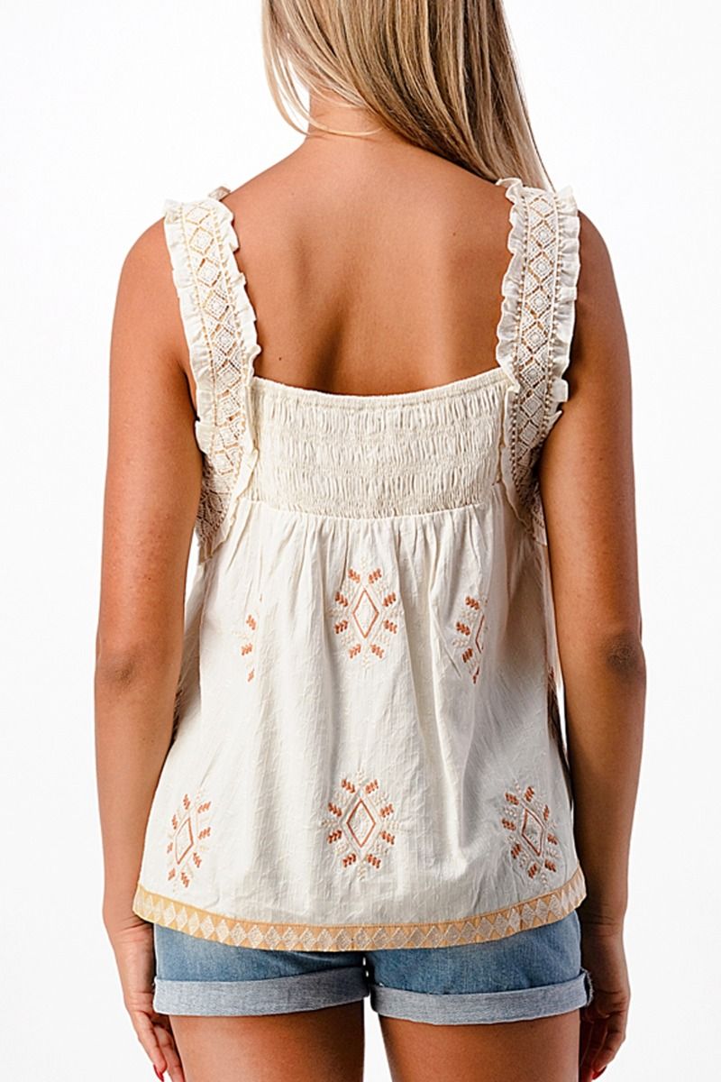 Miss Me Embroidery Woven Top In Cream MT1853T