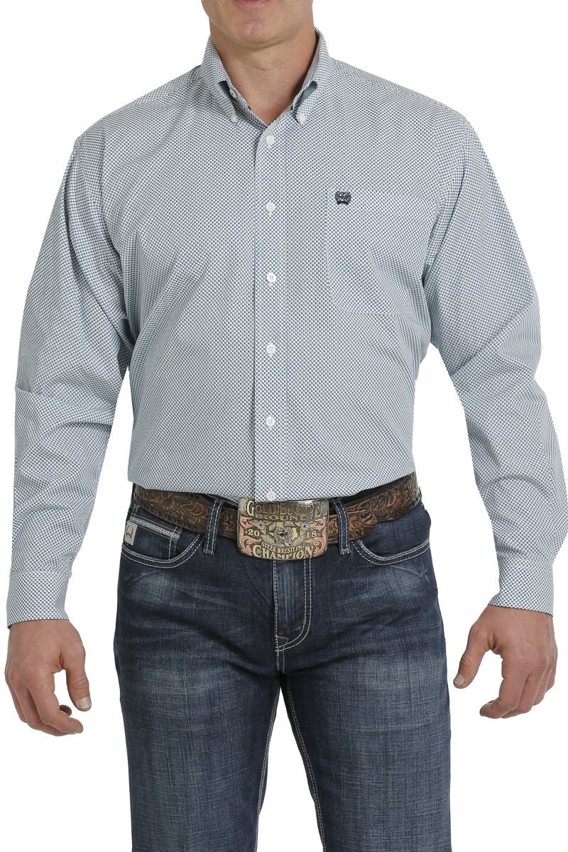 Men's White And Teal And Navy Match Dad Geometric Print Button Down Western By Cinch MTW1105305