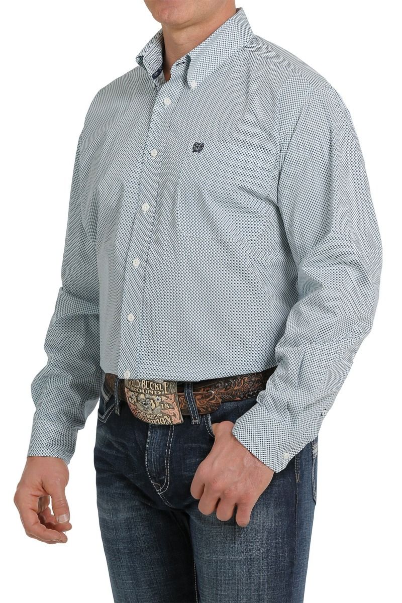 Men's White And Teal And Navy Match Dad Geometric Print Button Down Western By Cinch MTW1105305