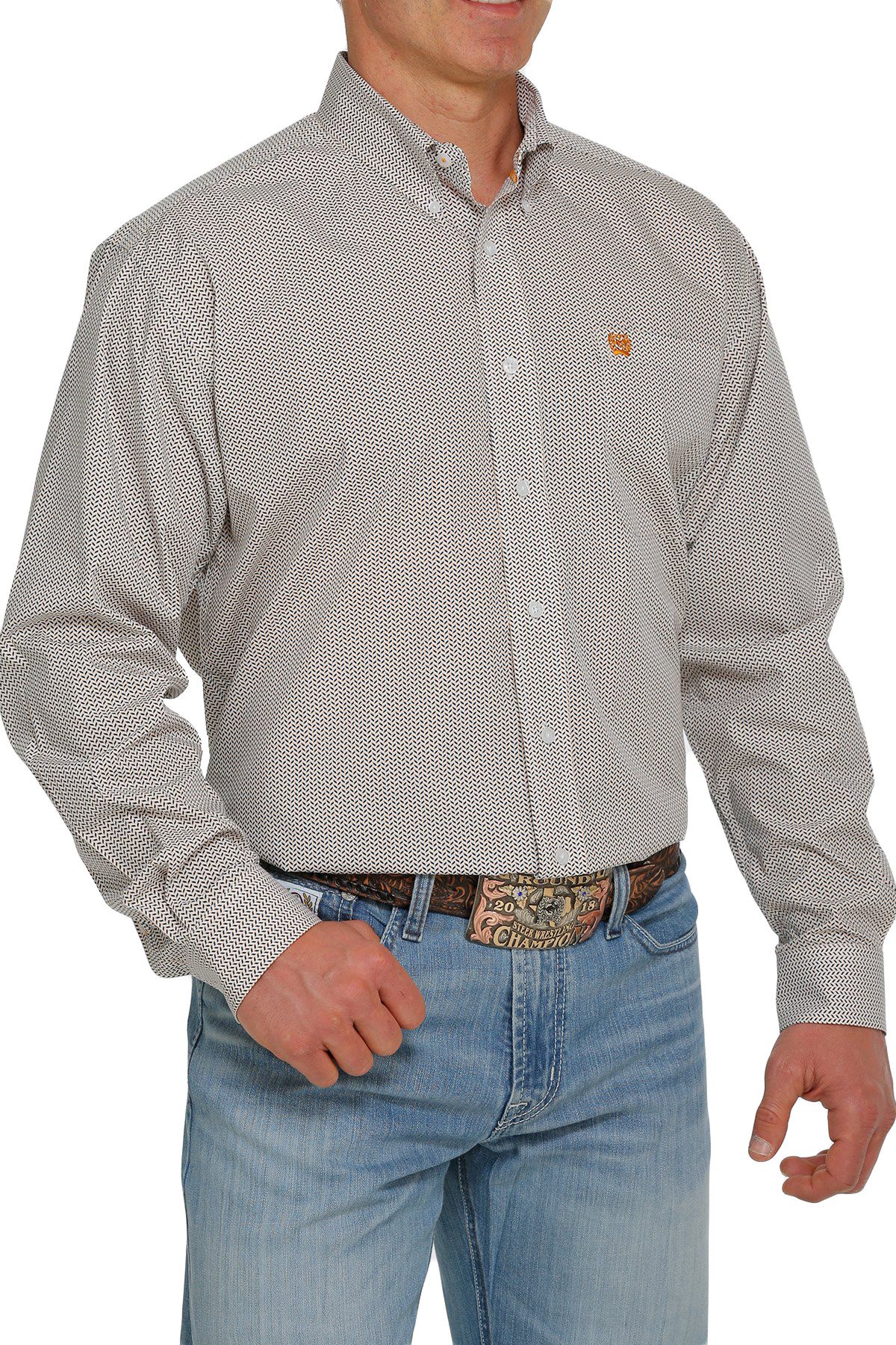 Cinch Men's Geo Stripe Print Long Sleeve Button Down Shirt In White Navy And Orange MTW1105420