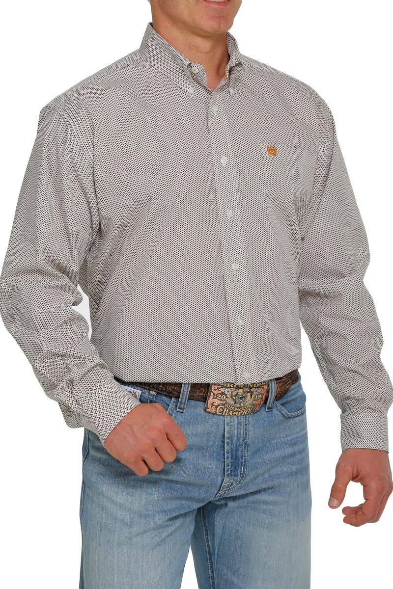 Cinch Men's Geo Stripe Print Long Sleeve Button Down Shirt In White Navy And Orange MTW1105420