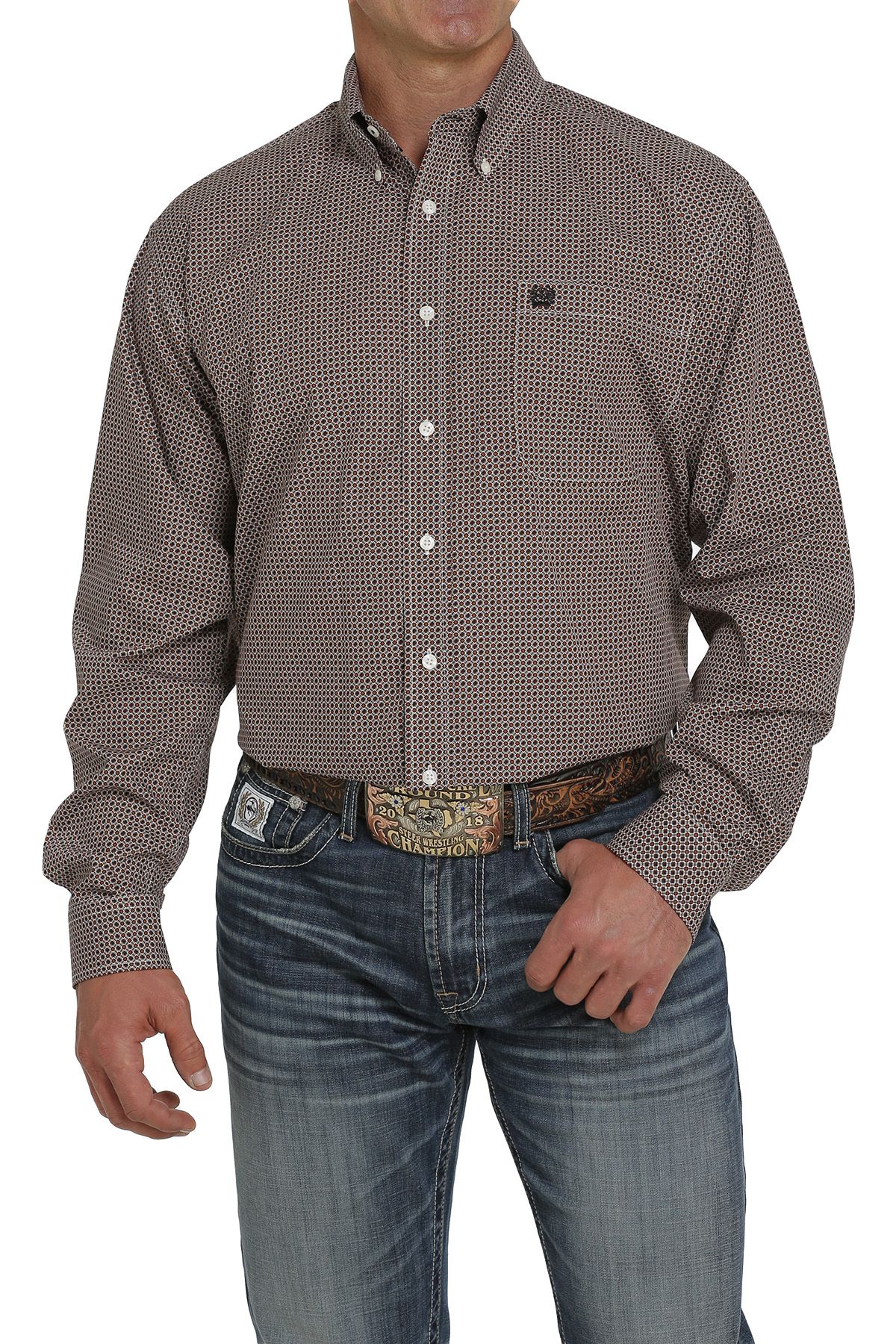 Men's Cinch Long Sleeve Shirt In Brown and Cream MTW1105454