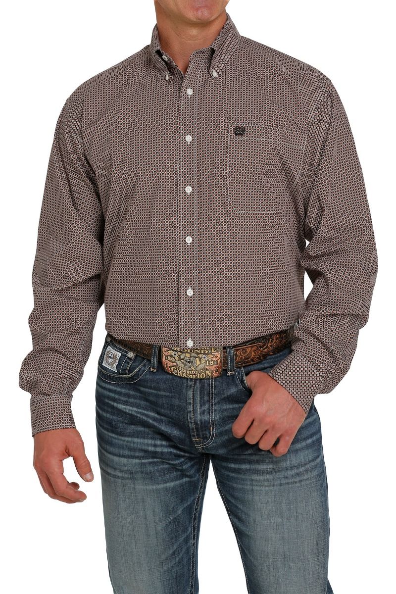 Men's Cinch Long Sleeve Shirt In Brown and Cream MTW1105454