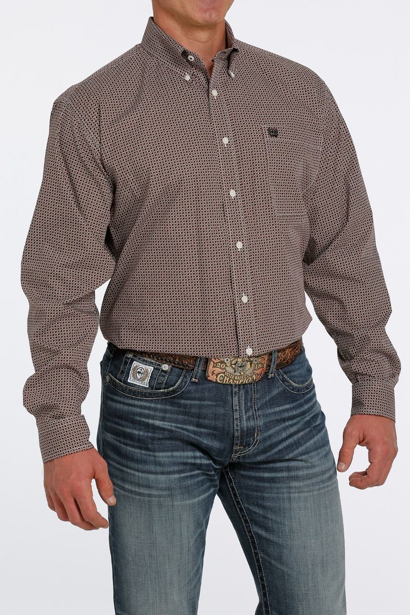 Men's Cinch Long Sleeve Shirt In Brown and Cream MTW1105454