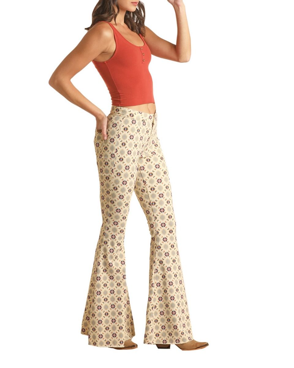 Beige Aztec Button Bell Bottoms