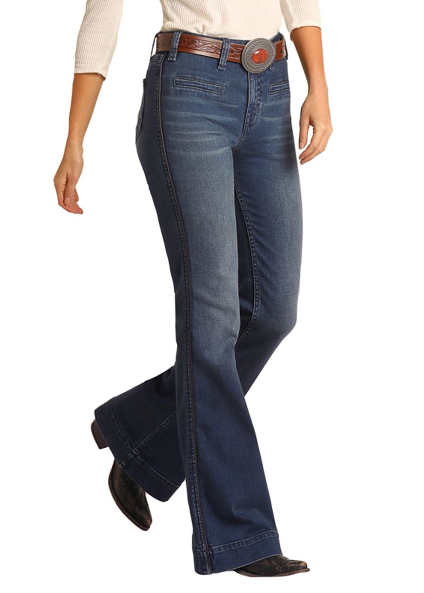 Ladies Medium Wash High Rise Trouser by Rock and Roll Cowgirl