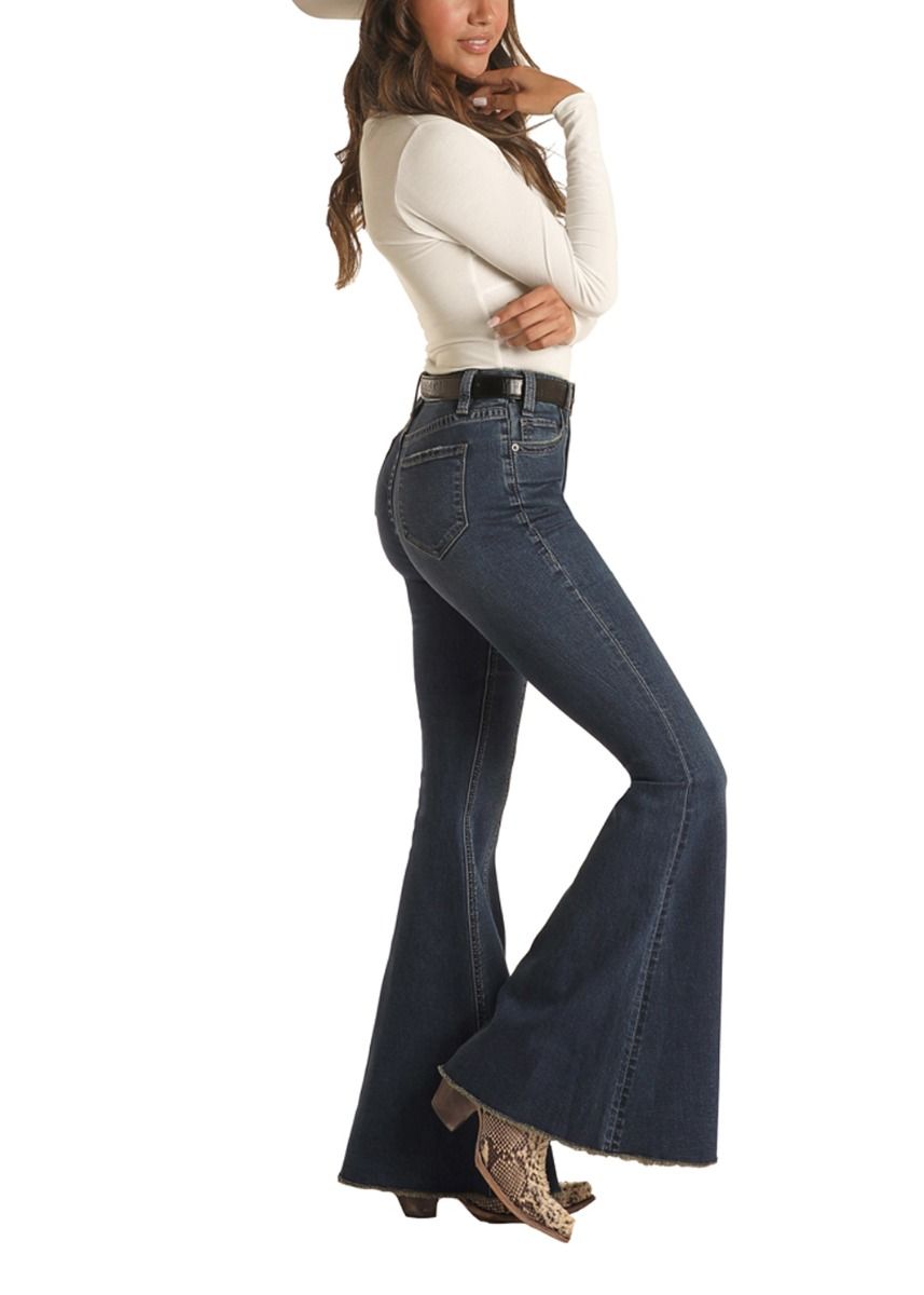 Women's Dark Wash High Rise Bell Bottom Extra Stretch By Rock And Roll Cowgirl WHB2690