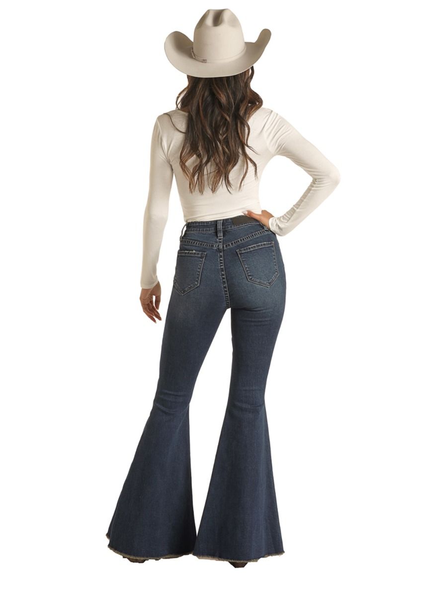 Women's Dark Wash High Rise Bell Bottom Extra Stretch By Rock And Roll Cowgirl WHB2690
