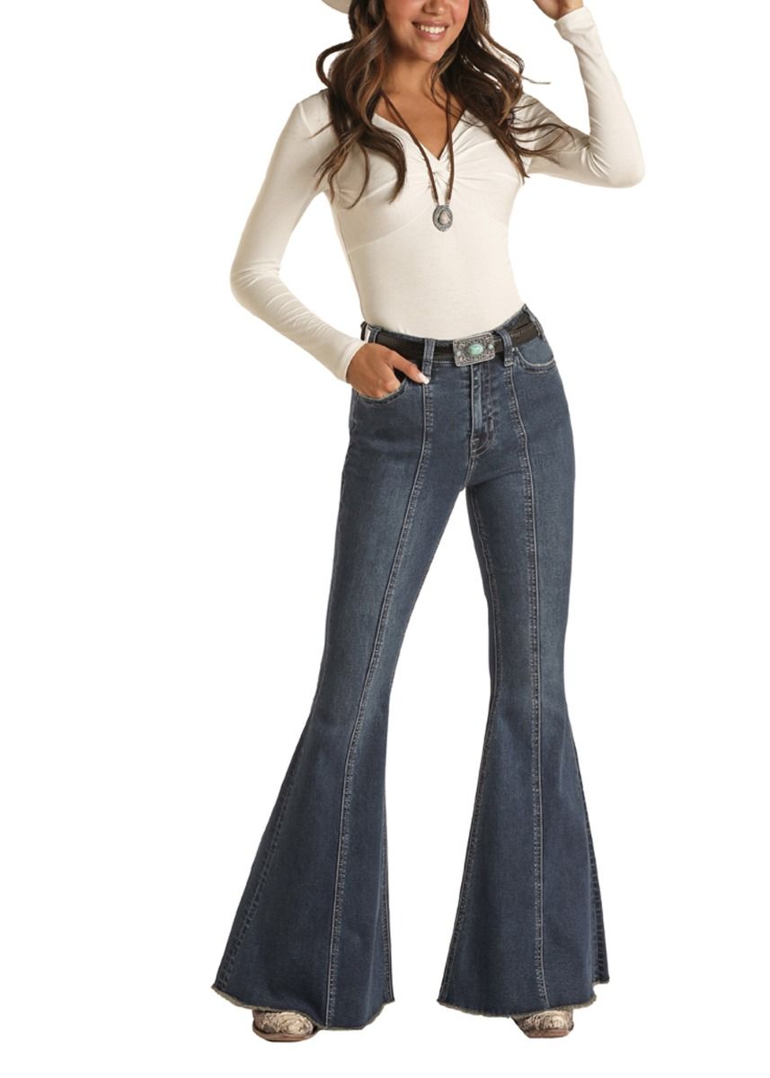 Women's Dark Wash High Rise Bell Bottom Extra Stretch By Rock And Roll Cowgirl WHB2690