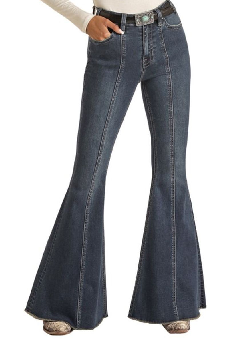 Women's Dark Wash High Rise Bell Bottom Extra Stretch By Rock And Roll Cowgirl WHB2690