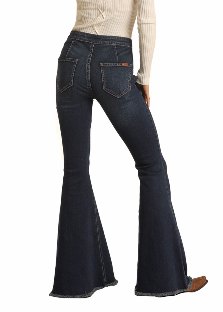 Button Bell High Rise Pull On Flares with Raw Hem