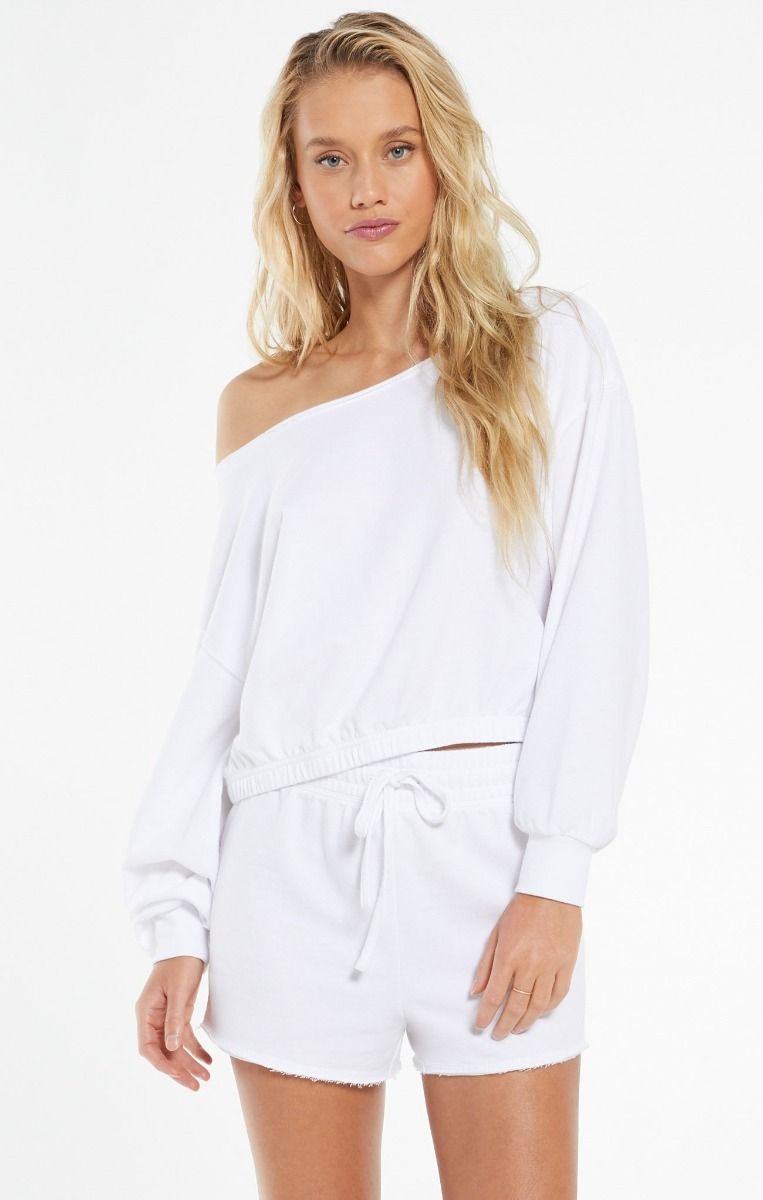 Zoe Off Shoulder Sweatshirt in White by Z Supply