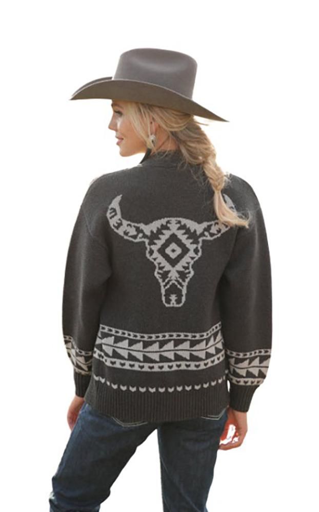 Cruel Girl Women's Charcoal Grey with Aztec Skull Sweater Knit Cardigan