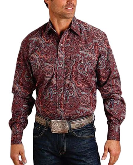 Men's Stetson Long Sleeve Paisley Print Snap Button Down Shirt in Wine 11-001-0425-6064WI