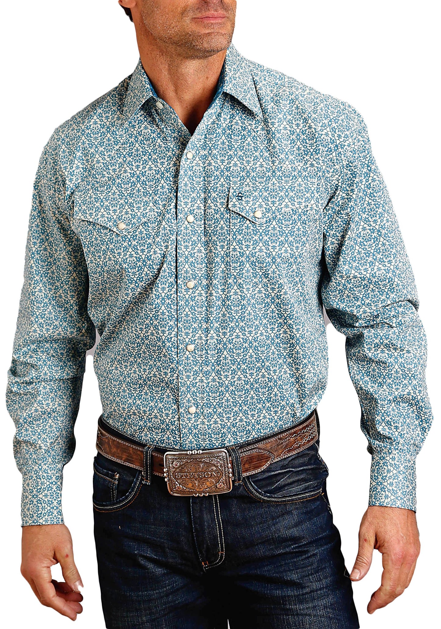 Stetson Men's Long Sleeve Snap Button Down In Blue And Cream Vintage Pattern 11-001-0425-6060