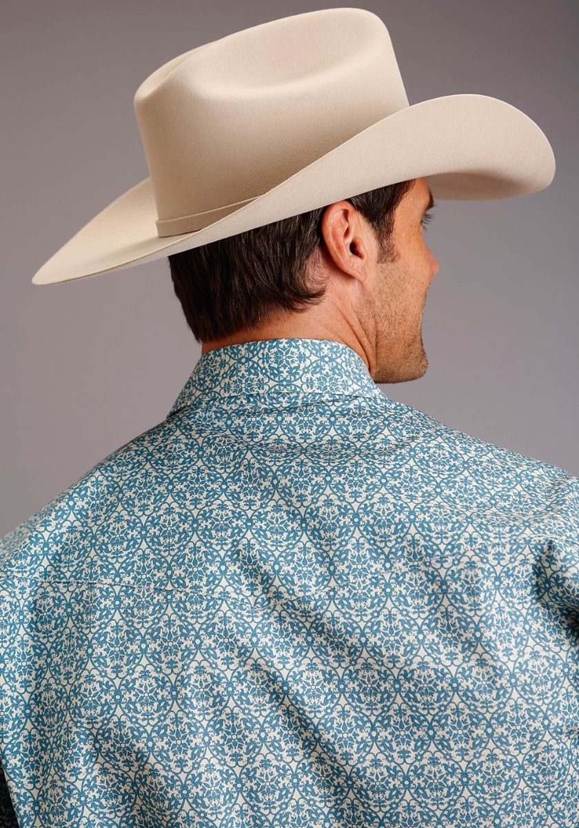 Stetson Men's Long Sleeve Snap Button Down In Blue And Cream Vintage Pattern 11-001-0425-6060