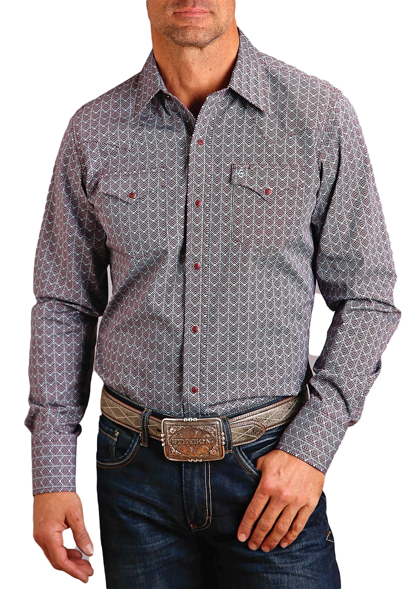 Stetson Men's Burgundy Cheveron Grid Print Long Sleeve Snap Button Down 11-001-0425-6068