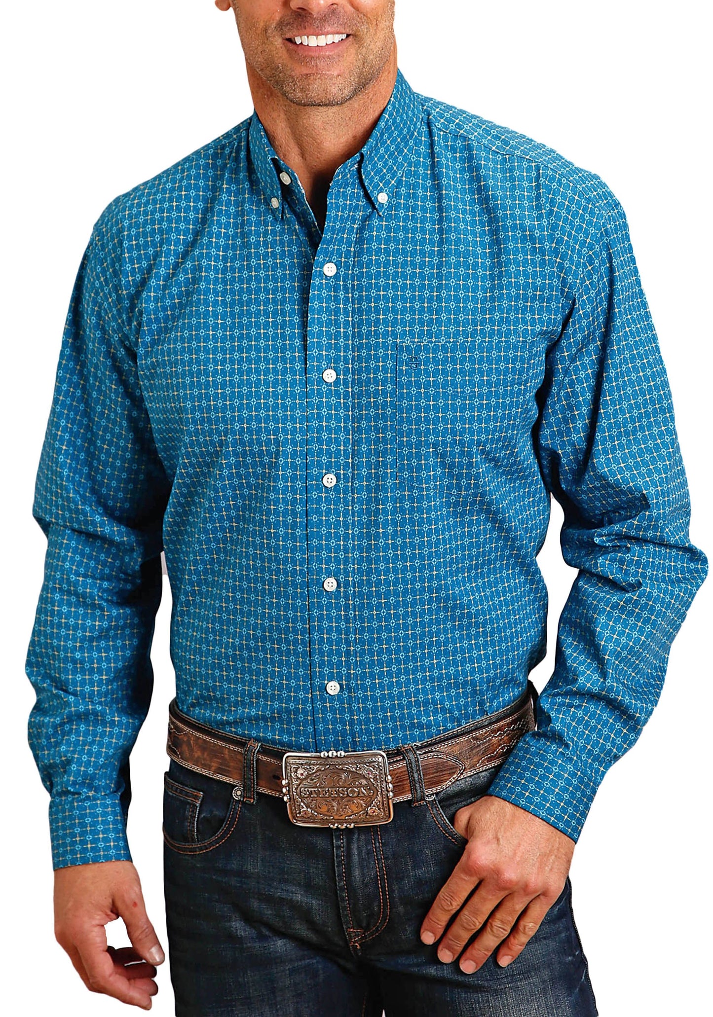 Stetson Men's Teal Geo Print Long Sleeve Snap Button Down Shirt 11-001-0425-6061