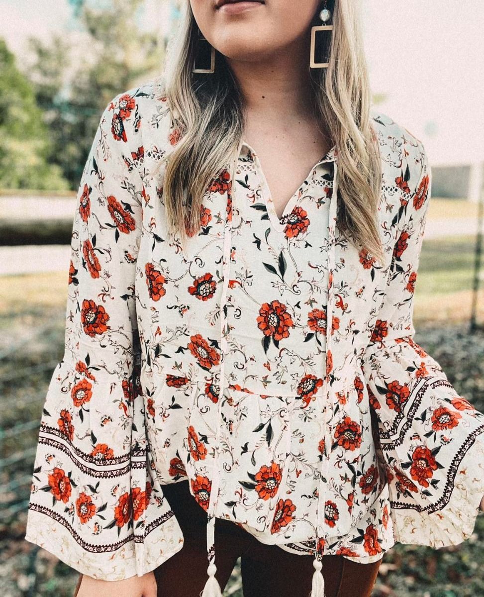 Miss Me Cream White Floral Bell Sleeve Top