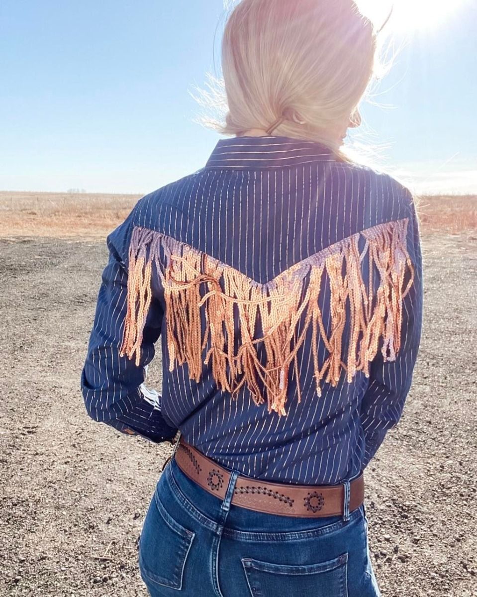 Women's Navy Sequin Fringe Western Shirt By Cinch CTW7245008